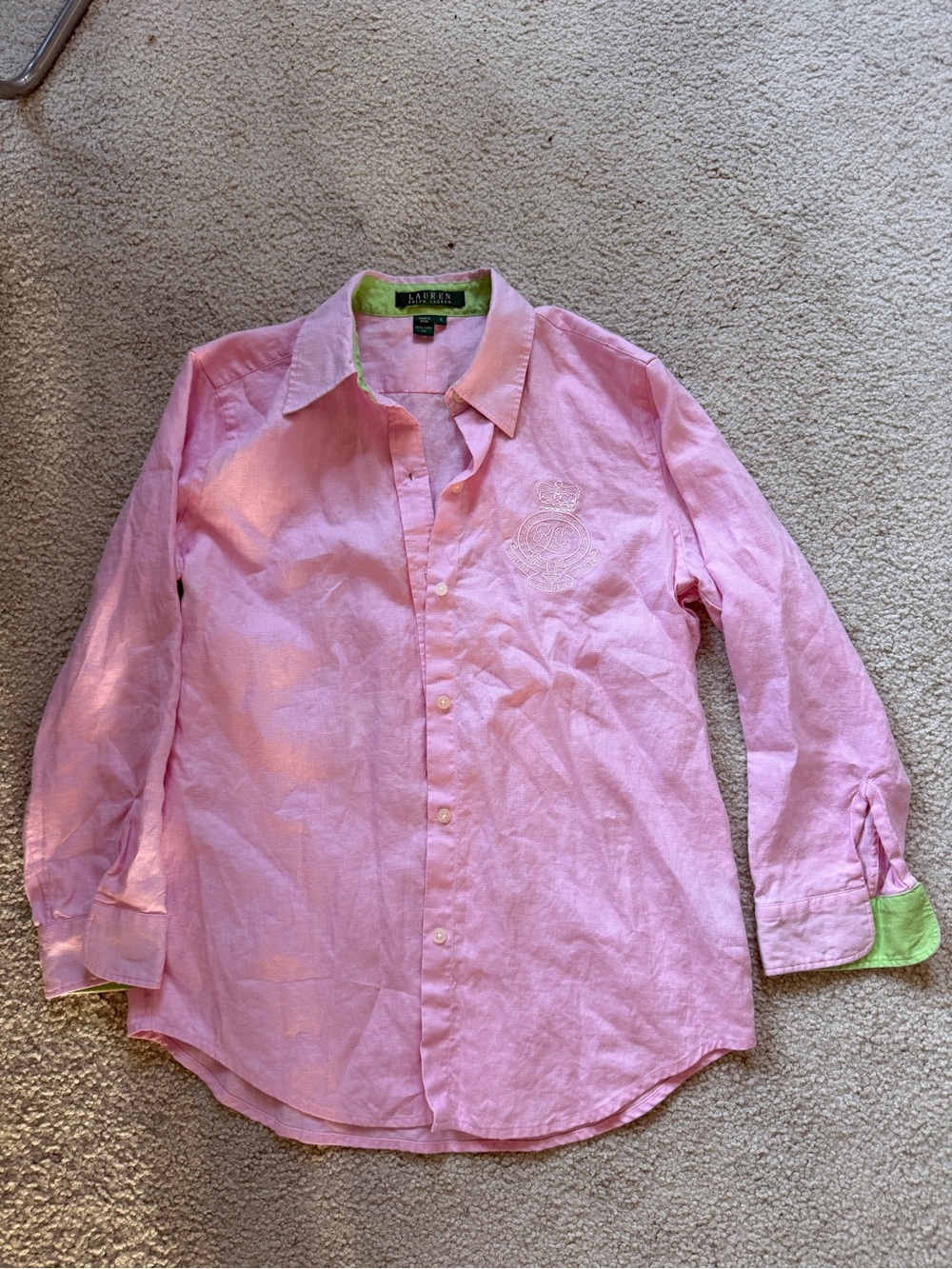 LRL Ralph Lauren 100% Linen Button Up Shirt Women's S Pink Long Sleeve